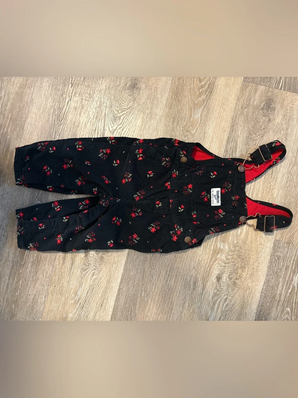 OshKosh B'gosh Black Floral Corduroy Overalls with Red Accents